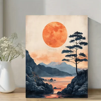 Serene Coastal Landscape at Dusk, Japanese Ukiyo-e Style Wall Art Canvas Framed 40x60