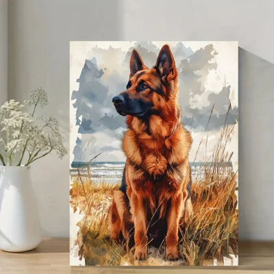 German Shepherd Dog Sitting on Beach Wall Art Canvas Framed 40x60