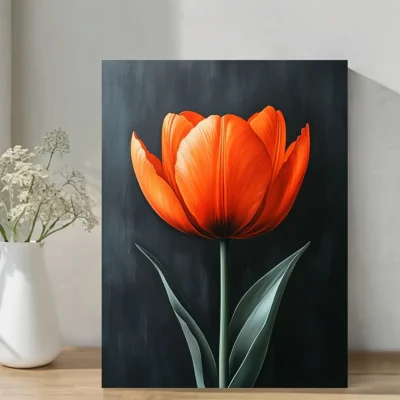 Vibrant  Orange Tulip with Black Background Wall Art Canvas Framed 40x60