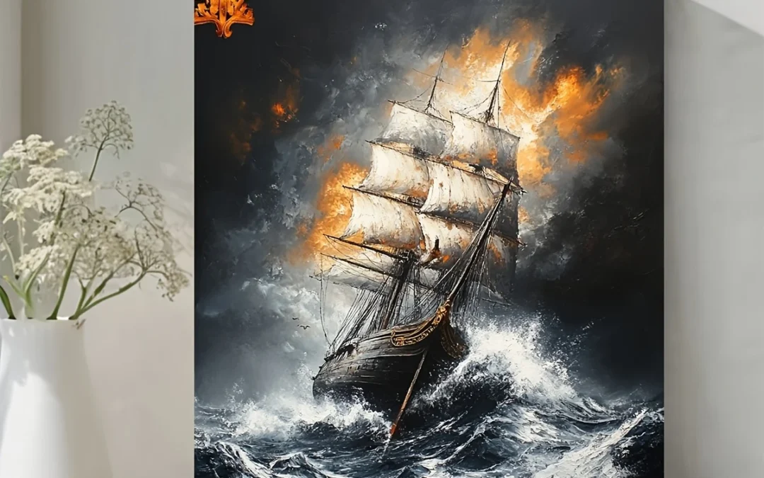 Historic Tall Ship Sailing in Stormy Seas, Ocean Journey Wall Art Canvas Framed 40×60