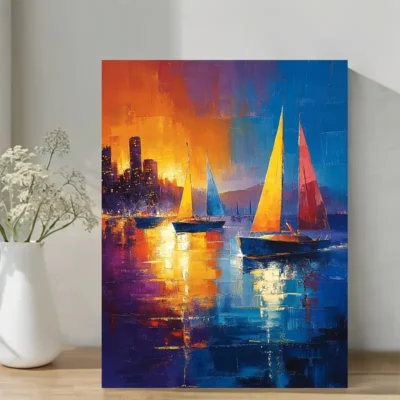 Midnight Harbor Night Scene with Boats Wall Art Canvas Framed 40x60