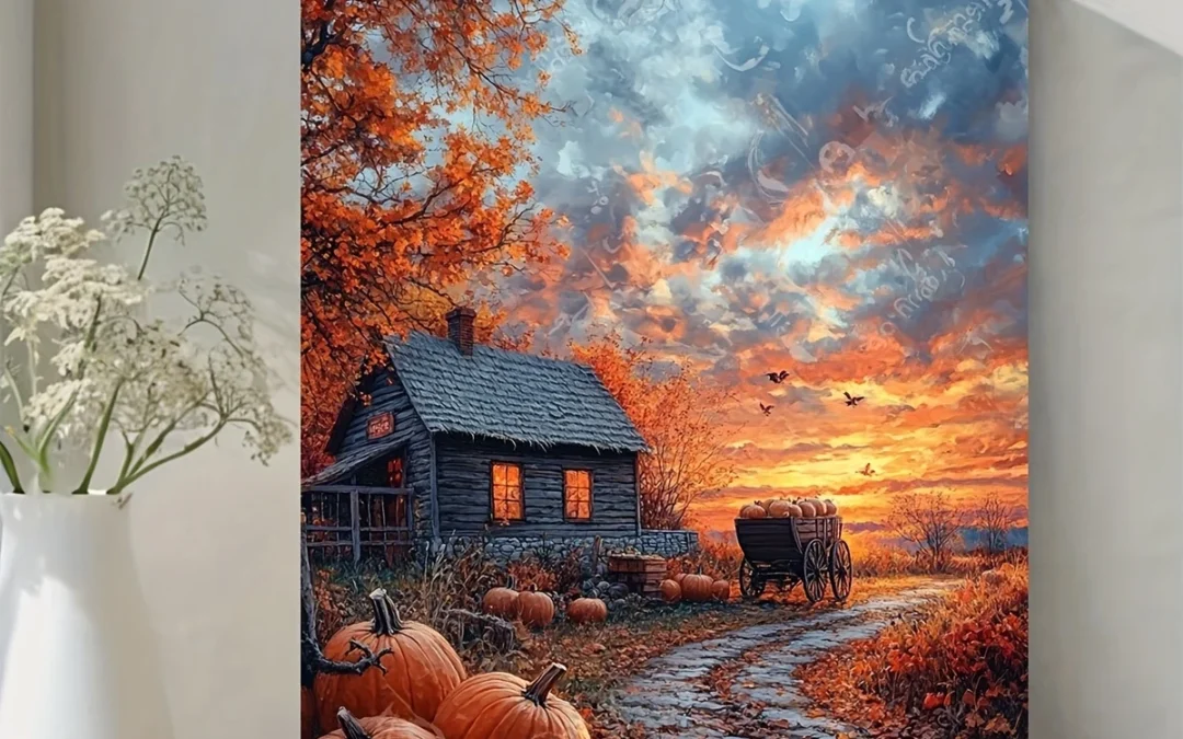 Autumn Sunset with Pumpkins and Horse Wagon Wall Art Canvas Framed 40×60