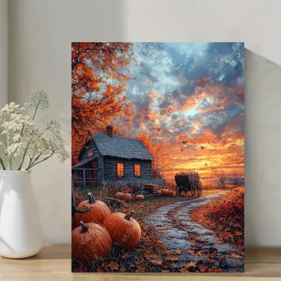 Autumn Sunset with Pumpkins and Horse Wagon Wall Art Canvas Framed 40x60