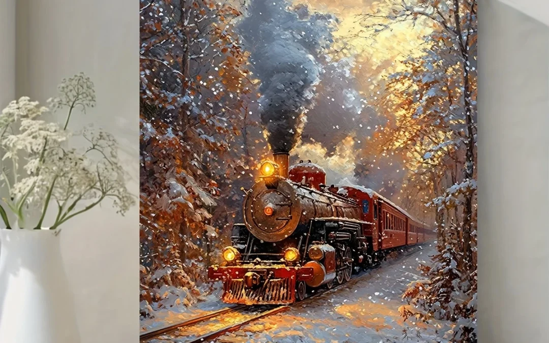 Christmas Train Oil Painting  Wall Art Canvas Framed 40×60