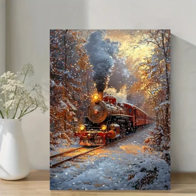 Christmas Train Oil Painting  Wall Art Canvas Framed 40x60