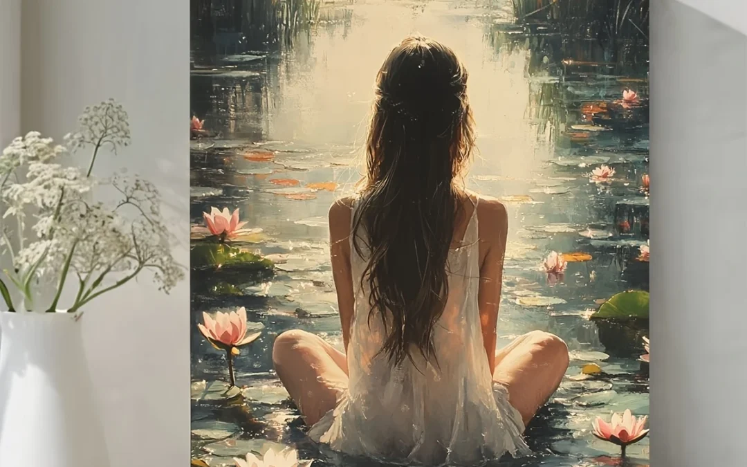 Elegant Woman Among Water Lilies  Wall Art Canvas Framed 40×60
