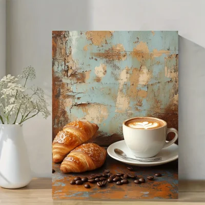 Rustic Coffee & Croissant Wall Art Canvas Framed 40x60