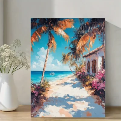 Vibrant Palm Trees & Ocean View Wall Art Canvas Framed 40x60