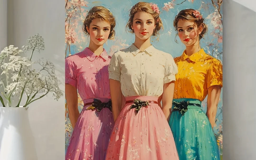 Three Sisters in Pastel Dresses & Floral Skirts Wall Art Canvas Framed 40×60