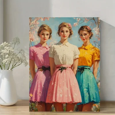 Three Sisters in Pastel Dresses & Floral Skirts Wall Art Canvas Framed 40x60
