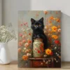 Black Cat in Floral Bouquet Oil Painting Wall Art Canvas Framed 40x60