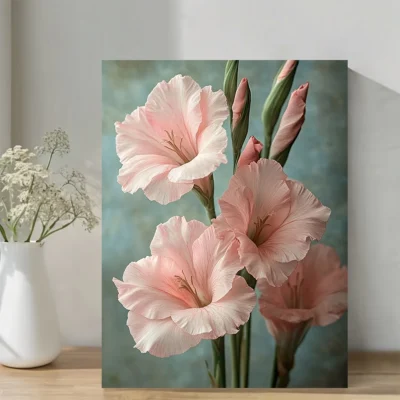 Vintage-Inspired Soft Pink Gladiolus Wall Art Canvas Framed 40x60