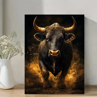 Charging Bull with Fiery Backdrop – Bold Animal Wall Art Canvas Framed 40x60