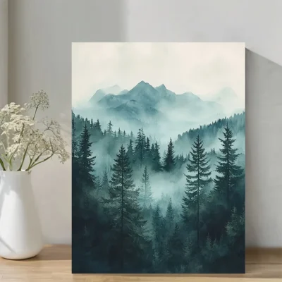 Misty Forest Landscape Evergreen Tree Wall Art Canvas Framed 40x60