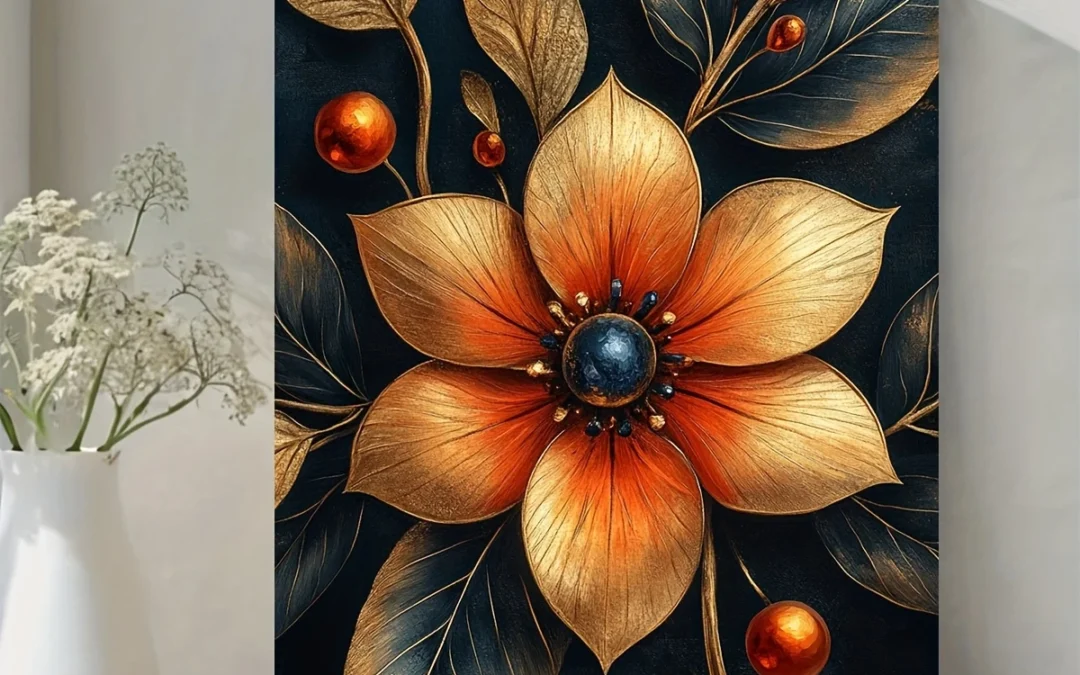 Roaring Twenties Style Golden & Black Floral Wall Art Canvas Framed 40×60