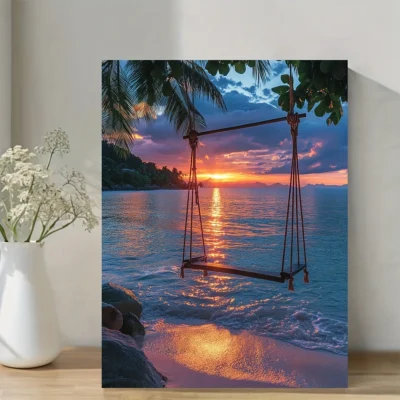 Ocean Sunset Palm Tree Swing Beach Wall Art Canvas Framed 40x60
