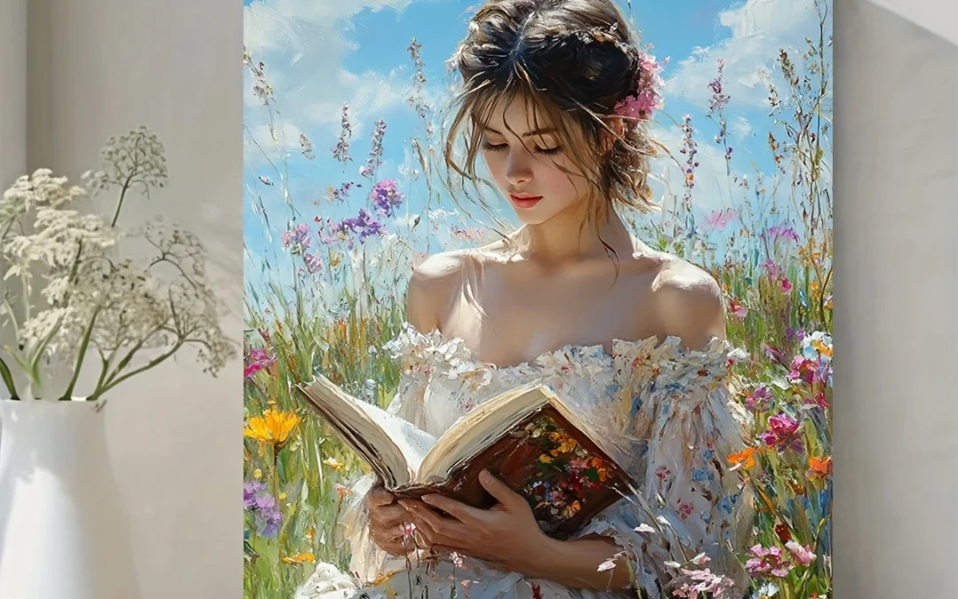Woman Reading in Spring Flowers Field Wall Art Canvas Framed 40×60