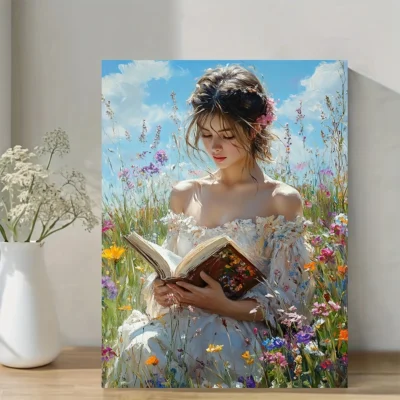Woman Reading in Spring Flowers Field Wall Art Canvas Framed 40x60