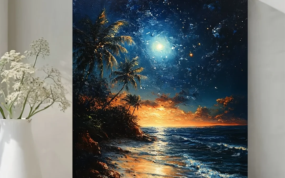 Beach at Night Starry Sky Painting  Wall Art Canvas Framed 40×60