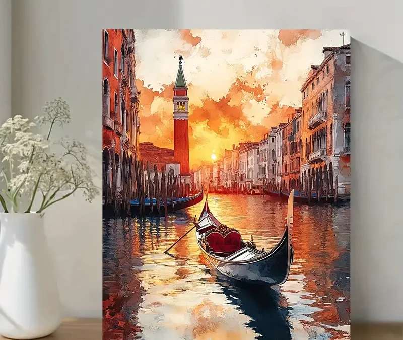 Venice Italy Gondola & St. Mark’s Bell Tower Wall Art Canvas Framed 40×60