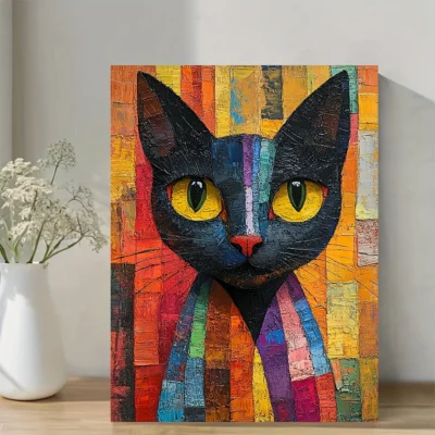 Black Cat in Colorful Robe Wall Art Canvas Framed 40x60