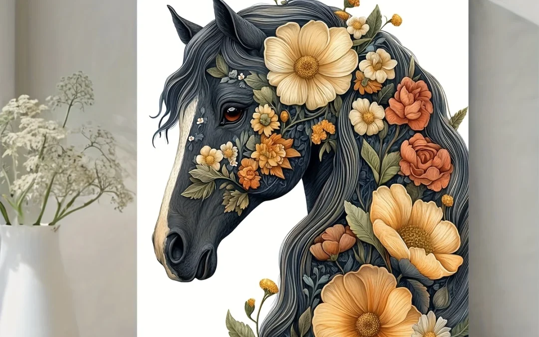 Majestic Equine in Blossom, Botanical Horse Illustration Wall Art Canvas Framed 40×60