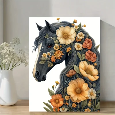 Majestic Equine in Blossom, Botanical Horse Illustration Wall Art Canvas Framed 40x60