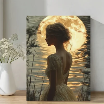 Moody Woman by Lake Full Moon Wall Art Canvas Framed 40x60