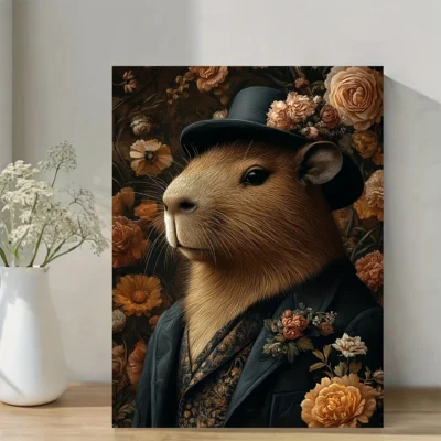 Dark Floral , Whimsical Animal Wall Art Canvas Framed 40x60