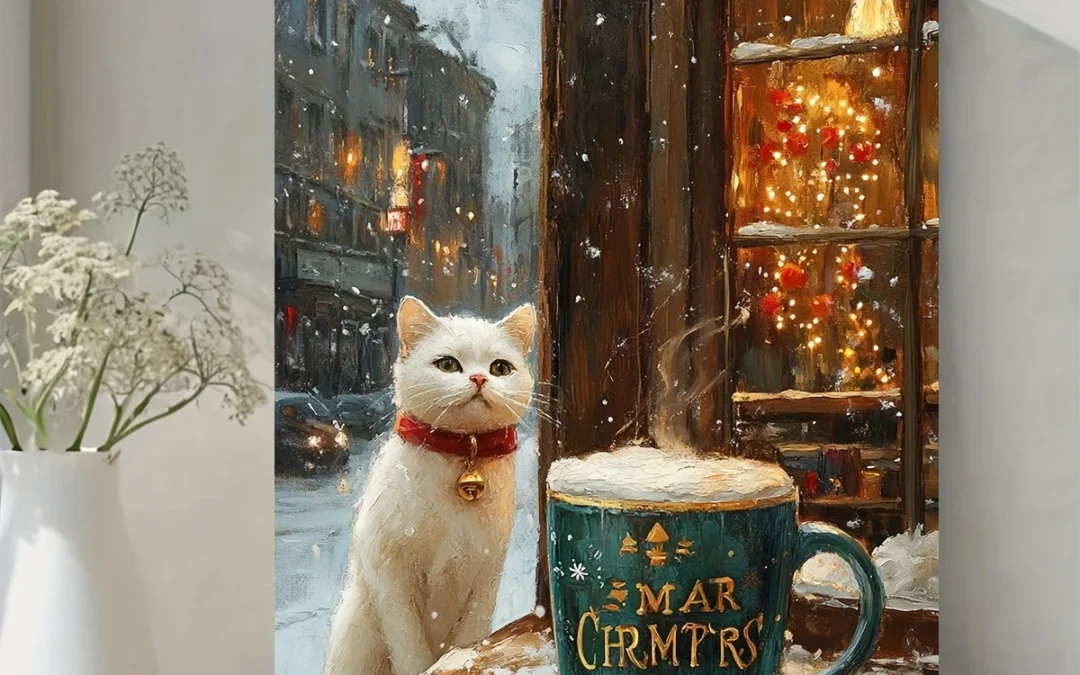 Christmas White Cat in Mug Portrait Wall Art Canvas Framed 40×60