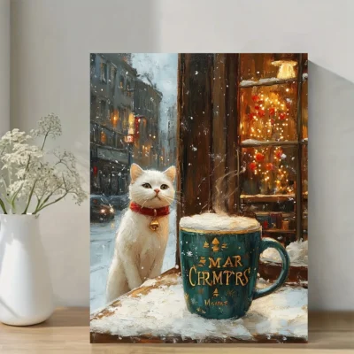Christmas White Cat in Mug Portrait Wall Art Canvas Framed 40x60