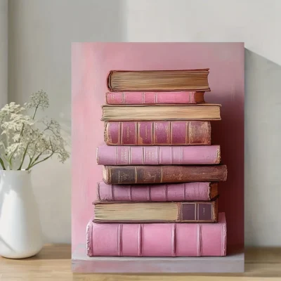 Vintage Books Light Pink & Brown Rustic Wall Art Canvas Framed 40x60