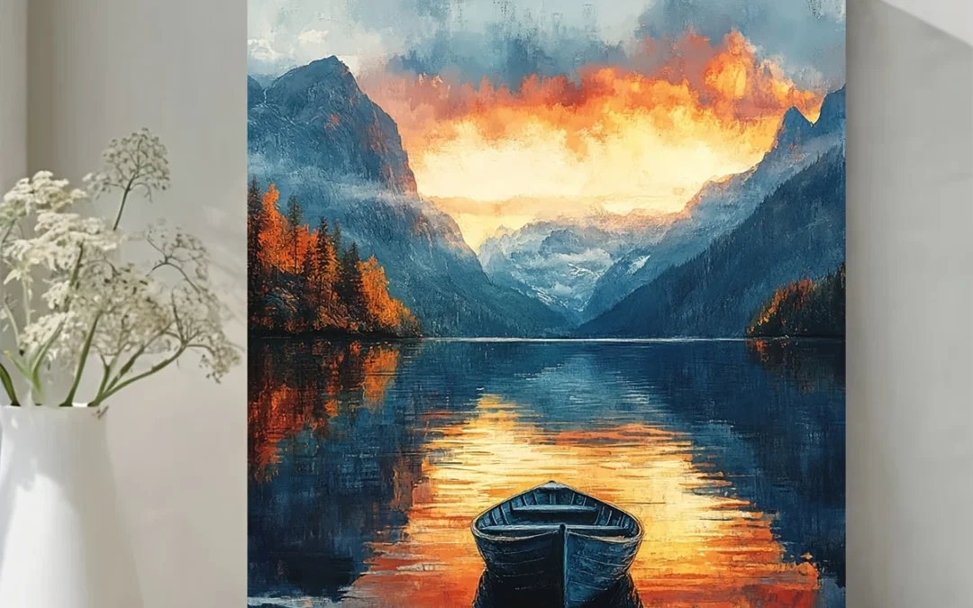Vibrant Sunset Landscape with Rowboat Wall Art Canvas Framed 40×60
