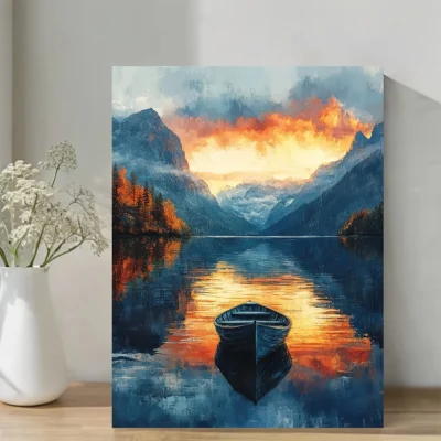 Vibrant Sunset Landscape with Rowboat Wall Art Canvas Framed 40x60