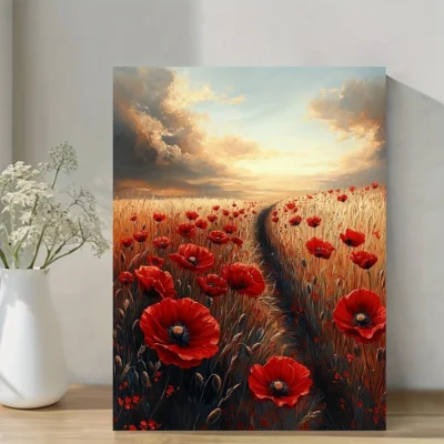 Vibrant Sunset Landscape with Red Poppy Wildflower Field Wall Art Canvas Framed 40x60