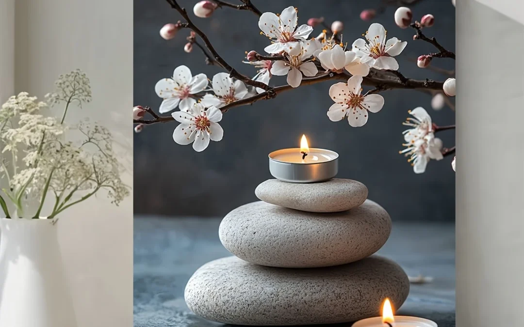 Stacked Stones, Cherry Blossoms & Candle Wall Art Canvas Framed 40×60