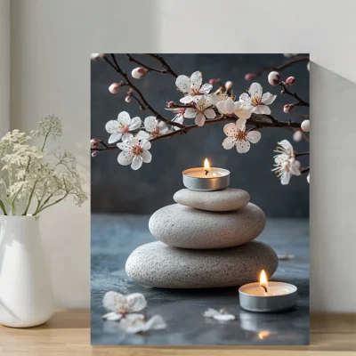 Stacked Stones, Cherry Blossoms & Candle Wall Art Canvas Framed 40x60