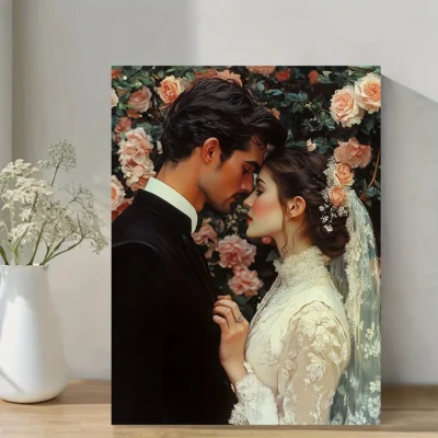 Romantic Couple Design with Pink Roses & Green Leaves Wall Art Canvas Framed 40x60