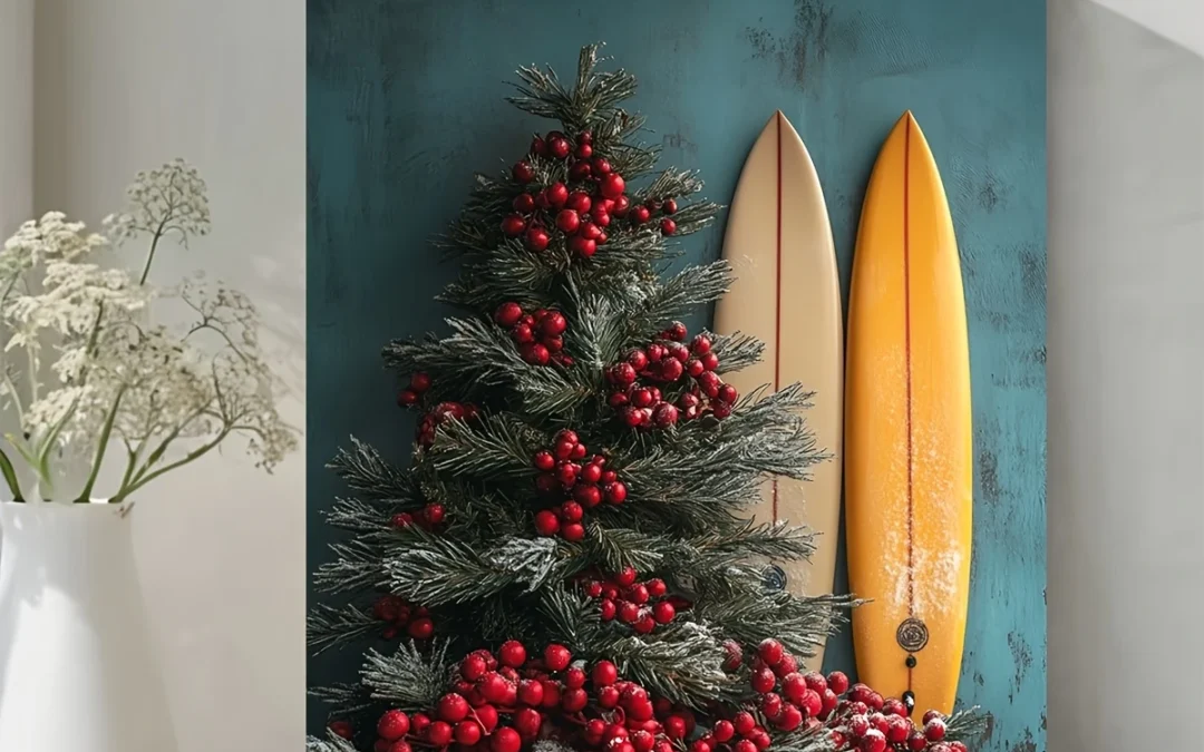 Coastal Christmas Tree & Surfboards  Wall Art Canvas Framed 40×60