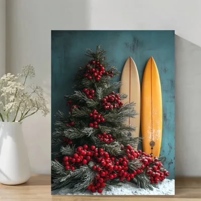 Coastal Christmas Tree & Surfboards  Wall Art Canvas Framed 40x60