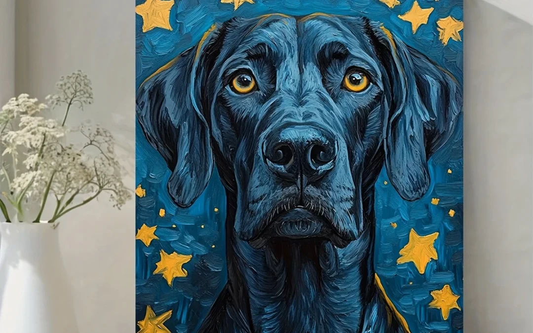 Vibrant Dog Portrait with Yellow-Eyed Canine, Dark Blue Background, Wall Art Canvas Framed 40×60