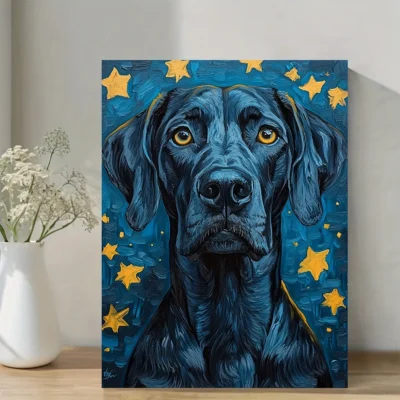 Vibrant Dog Portrait with Yellow-Eyed Canine, Dark Blue Background, Wall Art Canvas Framed 40x60