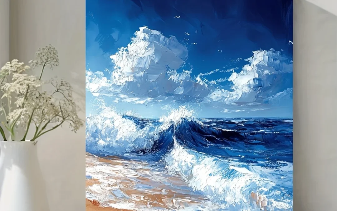 Vibrant Blue Sky & White Waves Wall Art Canvas Framed 40×60