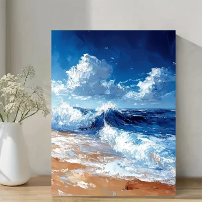 Vibrant Blue Sky & White Waves Wall Art Canvas Framed 40x60