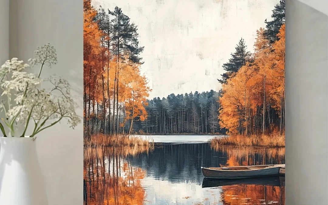 Serene Autumn Landscape With Lake Norman North Carolina  Wall Art Canvas Framed 40×60
