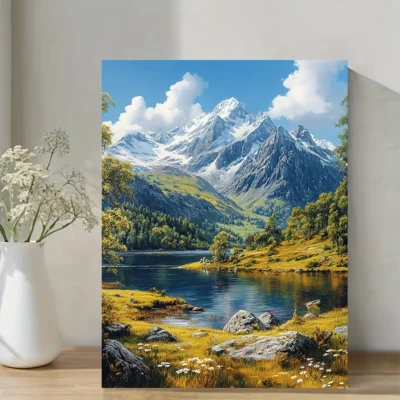 Vibrant Mountain & Lake Landscape Wall Art Canvas Framed 40x60