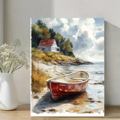 Rustic Red House & Wooden Boat Beach Scene Wall Art Canvas Framed 40x60