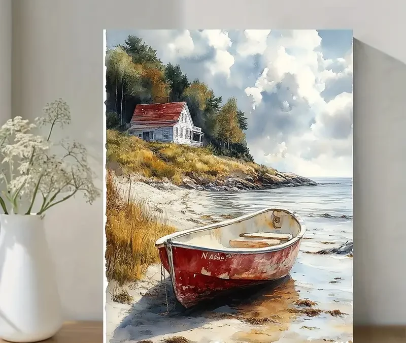 Rustic Red House & Wooden Boat Beach Scene Wall Art Canvas Framed 40×60
