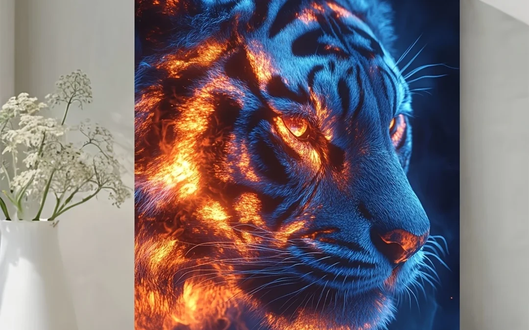 Cool Blue & Fiery Orange Abstract Glowing Tiger Wall Art Canvas Framed 40×60