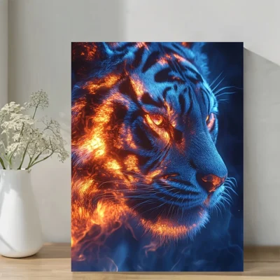 Cool Blue & Fiery Orange Abstract Glowing Tiger Wall Art Canvas Framed 40x60